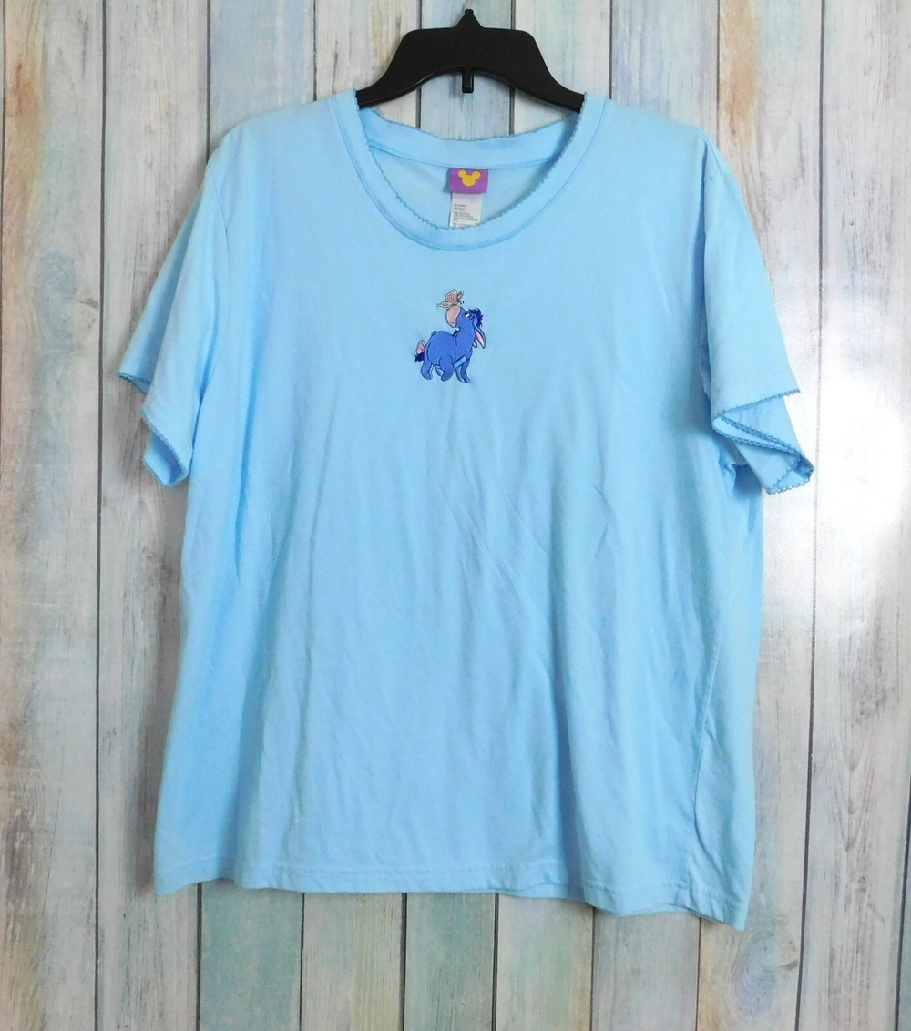 Disney Eeyore Pajama Top Large Blue Embroidered Short Sleeve Butterfly PJ Shirt